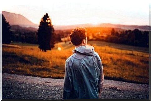 Man in front of field and sunrise