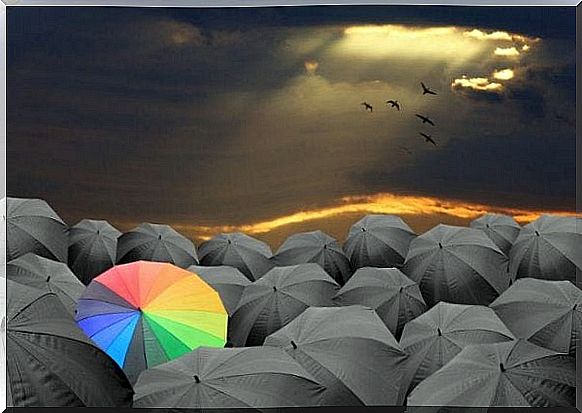 A single rainbow colored umbrella among many black umbrellas