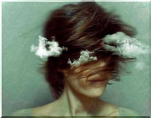 Woman with hair and clouds for head symbolizes inner struggles