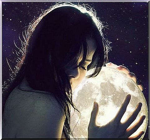 Woman hugging moon