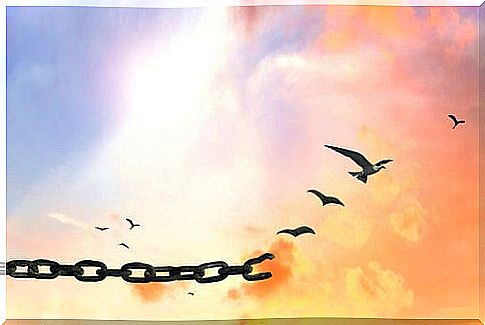 Chain in clouds with bird flying around