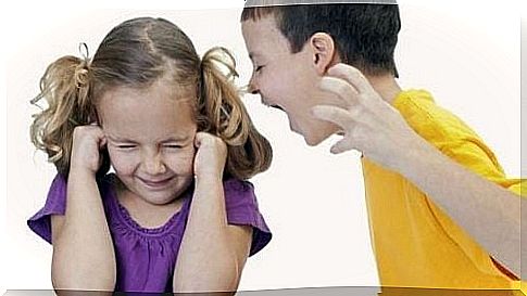 Boy yells at sister as an example of harassment in the family