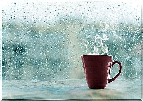 Coffee cup in front of window with raindrops on