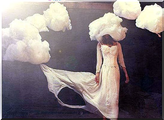 Woman with head in cloud