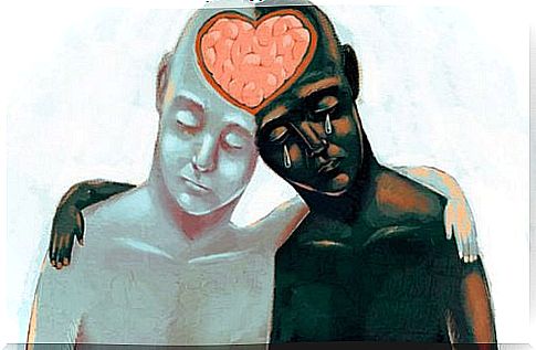 painting of dark and light person sharing heart in brain as symbol to become better at discussing