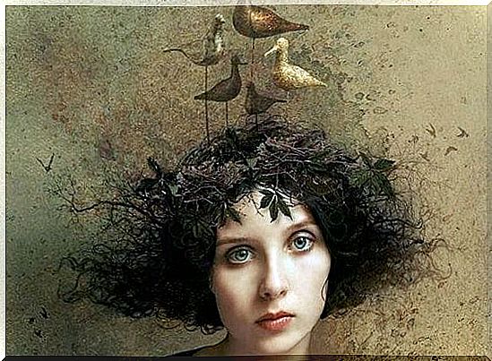 Woman with birds on her head