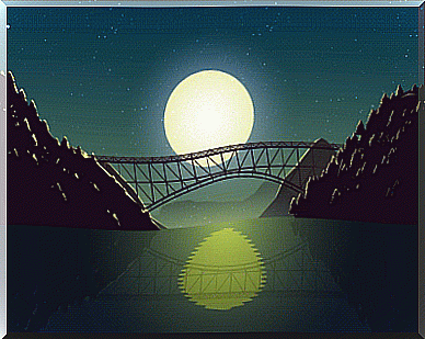 Moon behind bridge and sea