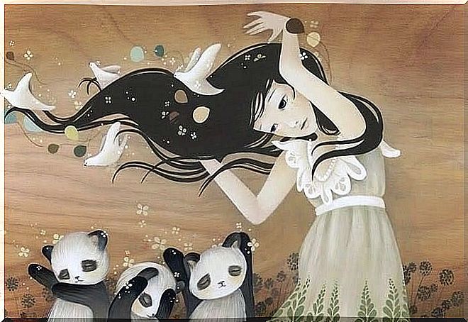 Woman with wind in her hair and little pandas underneath