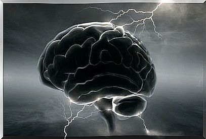 Brain with lightning symbolizes migraine and dopamine