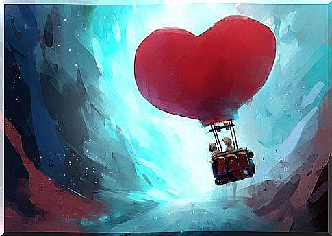 People fly in a hot air balloon with a balloon shaped like a heart